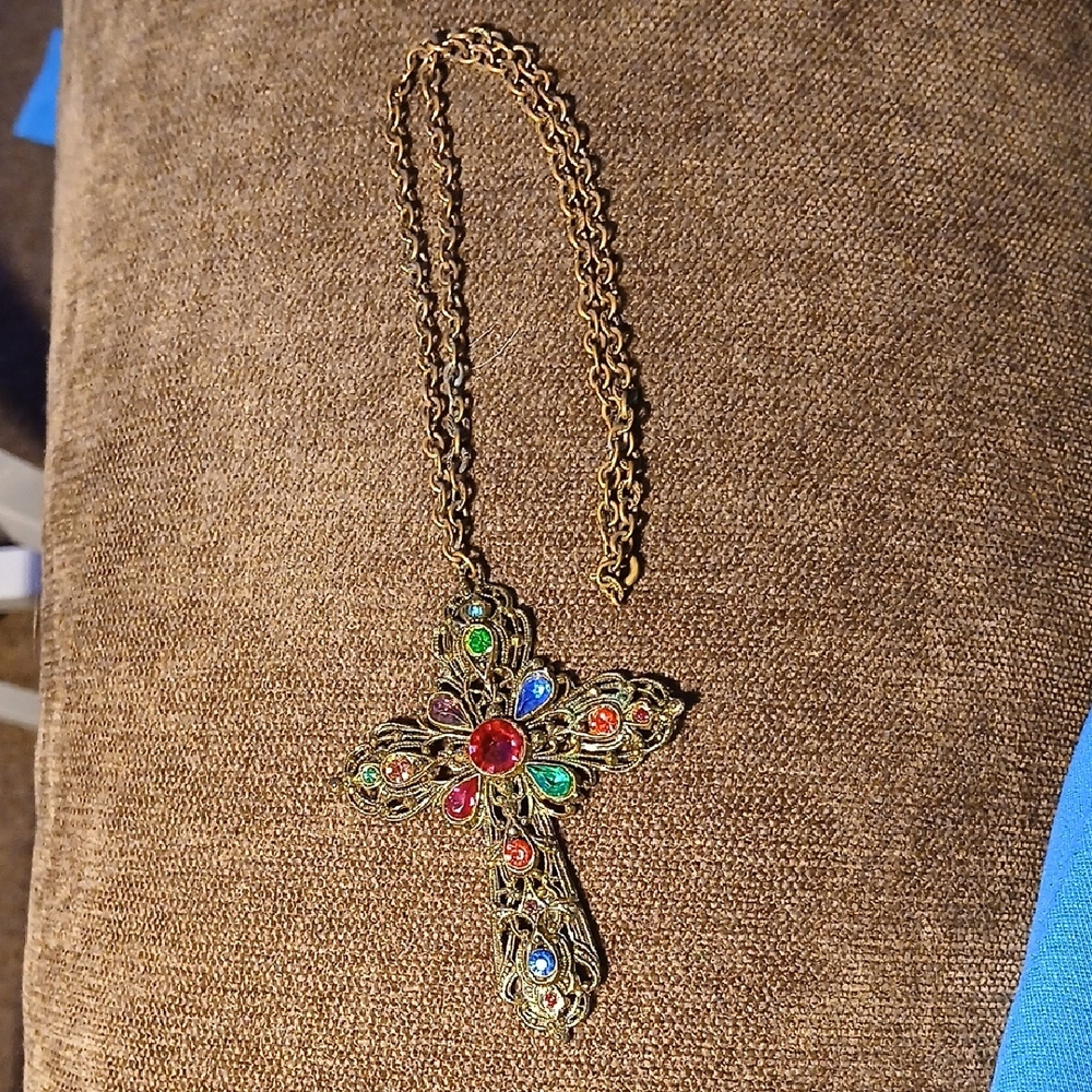 Gold Multicolor Cross Pendant Necklace